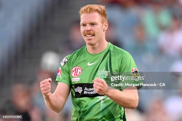 Liam Hatcher of the Stars celebrates the wicket of Matt Short of the Strikers during the Men's Big Bash League match between the Melbourne Stars and...