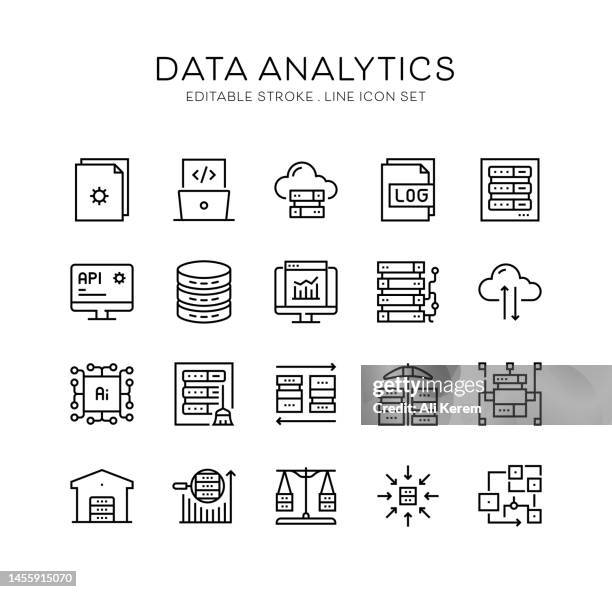 data analytics, aggregation, cloud computing, artificial intelligence, big daga icon design - data center white stock illustrations