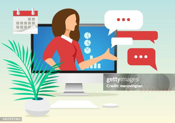 stockillustraties, clipart, cartoons en iconen met young woman having discussion on desktop computer screen - keurig