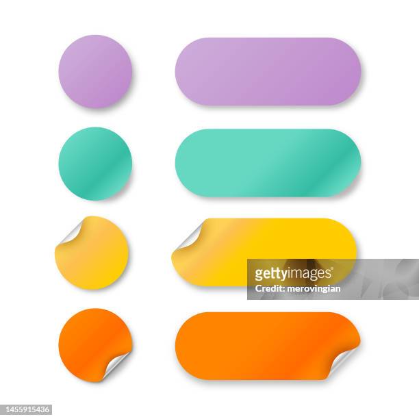 ilustrações de stock, clip art, desenhos animados e ícones de set of color round and oval adhesive stickers with folded edges - pegajoso