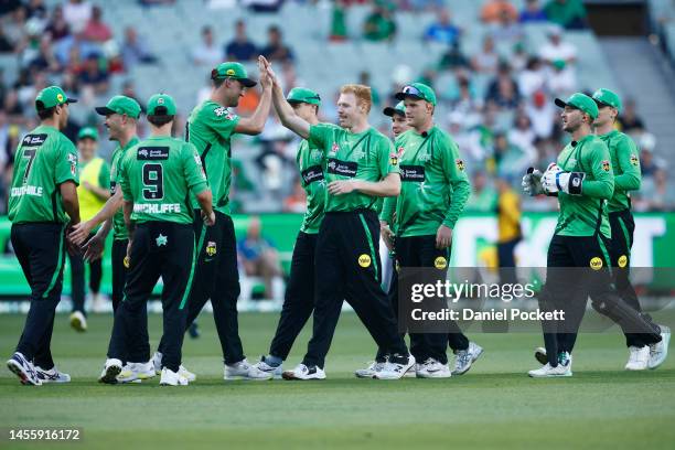 Liam Hatcher of the Stars celebrates the dismissal of Chris Lynn of the Strikers during the Men's Big Bash League match between the Melbourne Stars...