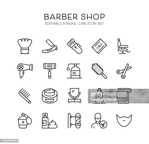 stockillustraties, clipart, cartoons en iconen met barber shop, barber chair, comb, hair dryer, razor blade, hair icons - razor blade