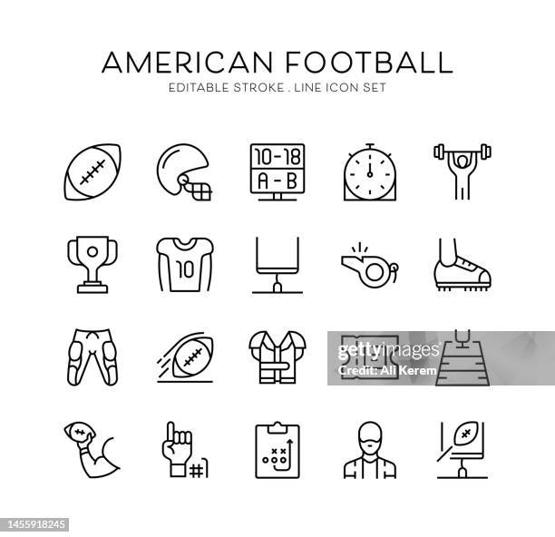 american football, ball, helmet, winner cup, goal, cleats icons - dressing room stock illustrations