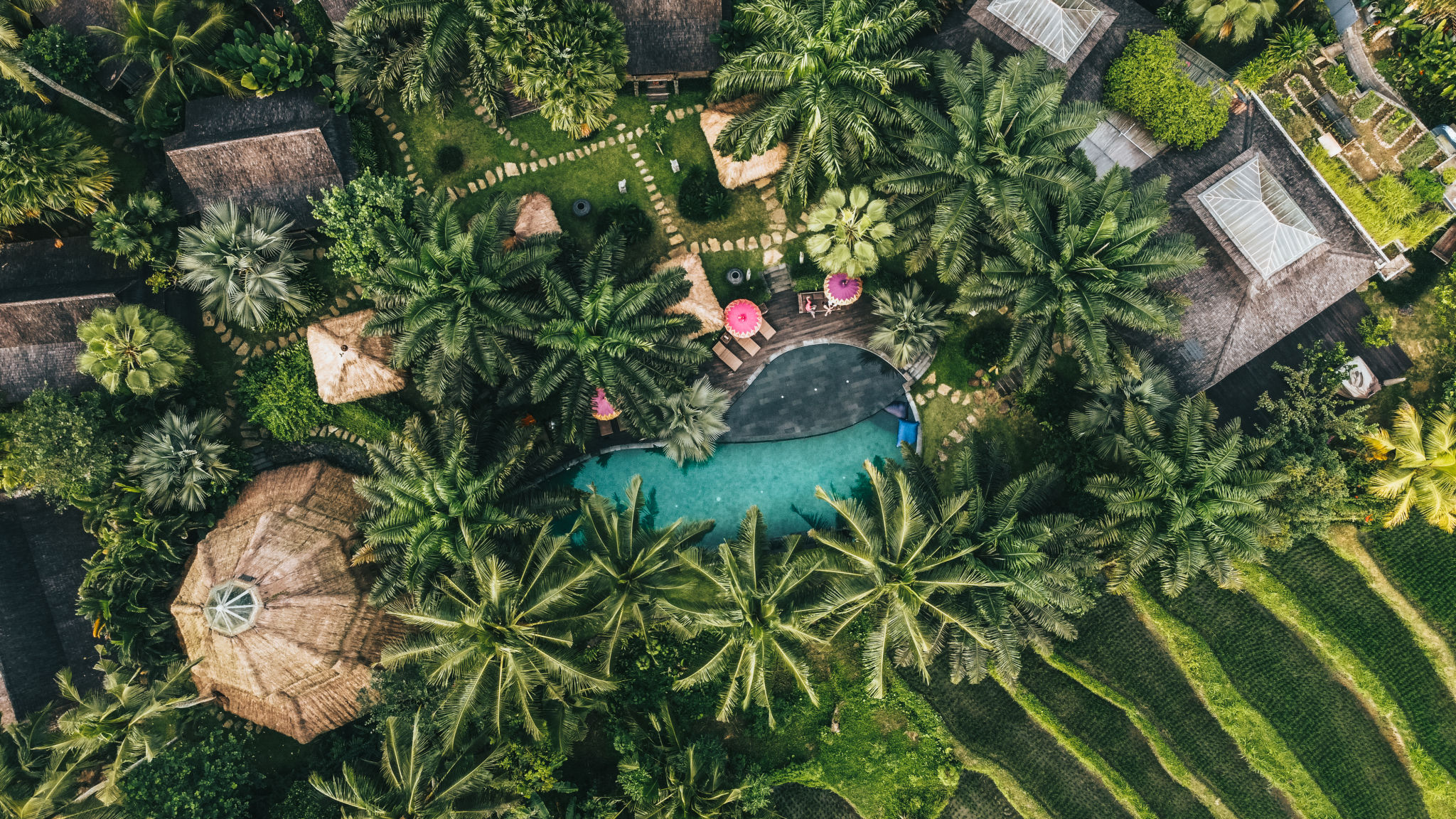 Aerial view of a scenic resort in Ubud, Bali, Indonesia Aerial view of a scenic resort in Ubud, Bali, Indonesia