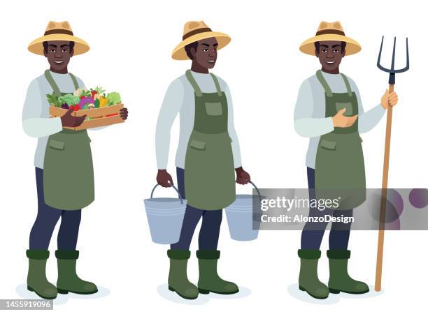 african american farmer . different poses design. - green hat stock illustrations