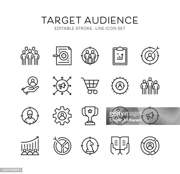 target audience, market, consumer, customer, strategy icons - audience targeting stock illustrations
