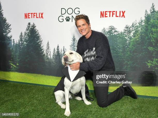 Rob Lowe and Baxter attend Netflix's Dog Gone special screening at Bay Theatre on January 11, 2023 in Pacific Palisades, California.