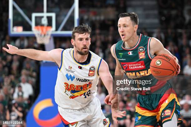 Josh Magette of the Jackjumpers dribbles the ball during the round 15 NBL match between Tasmania Jackjumpers and Adelaide 36ers at MyState Bank...