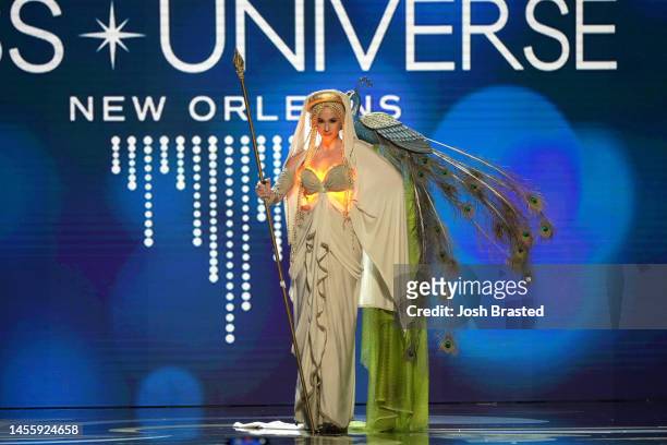 Miss Greece, Korina Emmanouilidou walks onstage during the 71st Miss Universe Competition National Costume show at New Orleans Morial Convention...