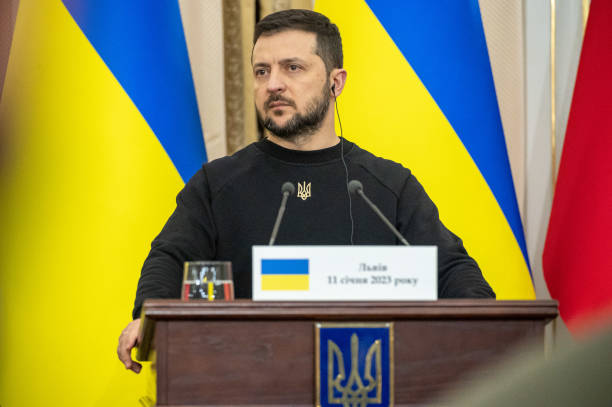 President of Ukraine Volodymyr Zelenskyi during a press conference following the tripartite meeting on January 11, 2023 in Lviv, Ukraine. Ukrainian...