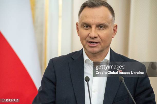 President of Poland Andrzej Duda during a press conference following the tripartite meeting on January 11, 2023 in Lviv, Ukraine. Ukrainian president...