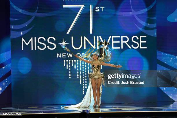 Miss Indonesia, Laksmi De Neefe Suardana walks onstage during the 71st Miss Universe Competition National Costume show at New Orleans Morial...