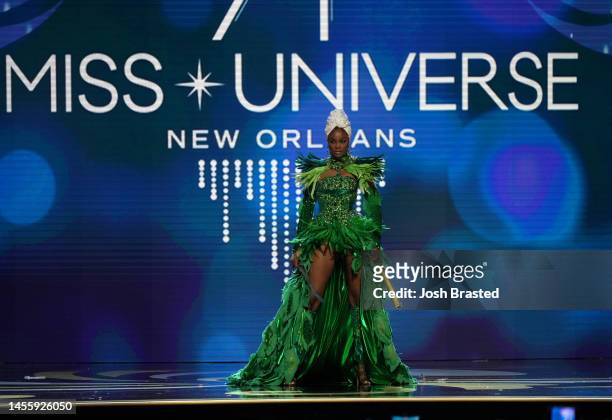 Miss Jamaica, Toshami Calvin walks onstage during the 71st Miss Universe Competition National Costume show at New Orleans Morial Convention Center on...