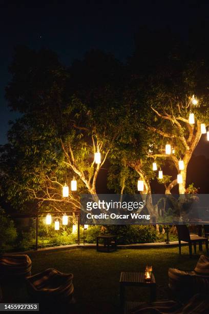 garden bar decorated with illuminated lantern at night - garden night photos et images de collection
