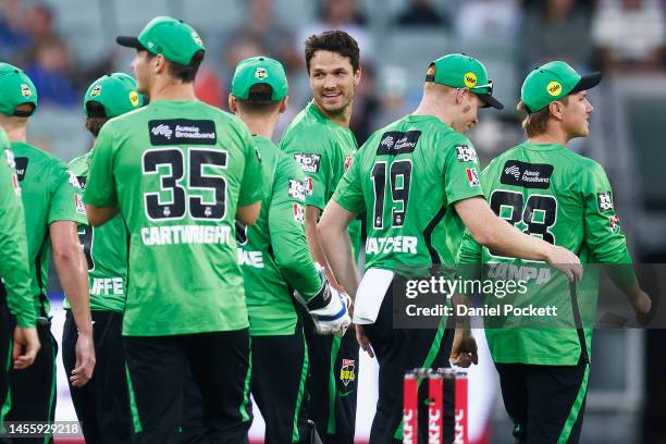 Nathan Coulter-Nile of the Stars celebrates the dismissal of Ben Manenti of the Strikers during the Men's Big Bash League match between the Melbourne...