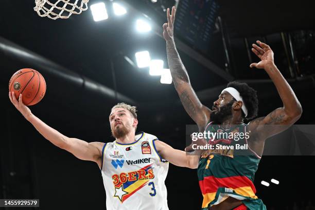 Anthony Drmic of the 36ers drives to the basket during the round 15 NBL match between Tasmania Jackjumpers and Adelaide 36ers at MyState Bank Arena,...