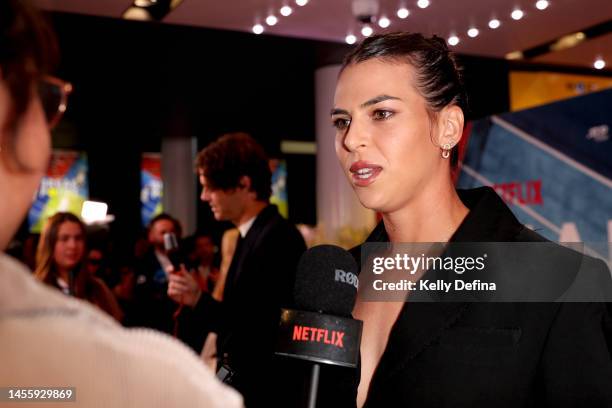 Ajla Tomljanovic of Australia speaks to media during the Netflix Break Point event ahead of the 2023 Australian Open at Melbourne Park on January 12,...