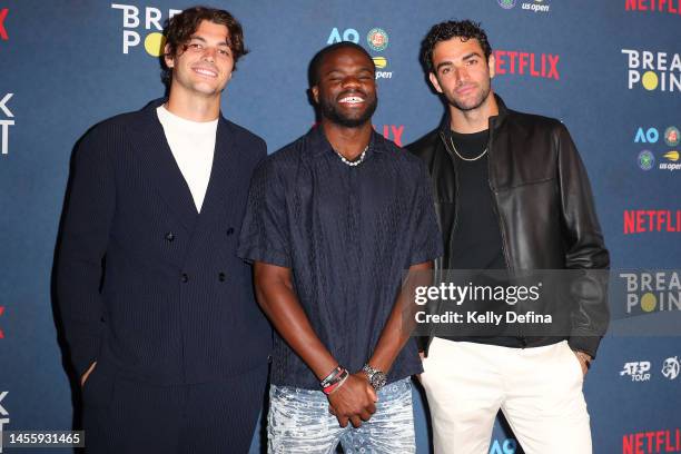 Taylor Fritz, Frances Tiafoe and Matteo Berrettini arrive to the Netflix Break Point event ahead of the 2023 Australian Open at Melbourne Park on...