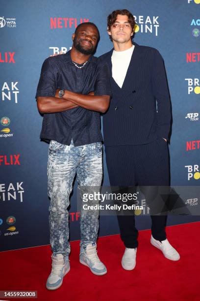 Frances Tiafoe and Taylor Fritz arrive to the Netflix Break Point event ahead of the 2023 Australian Open at Melbourne Park on January 12, 2023 in...