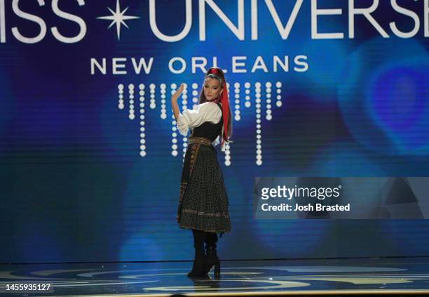 Miss Slovak Republic, Karolina Michalcikova walks onstage during the 71st Miss Universe Competition National Costume show at New Orleans Morial...