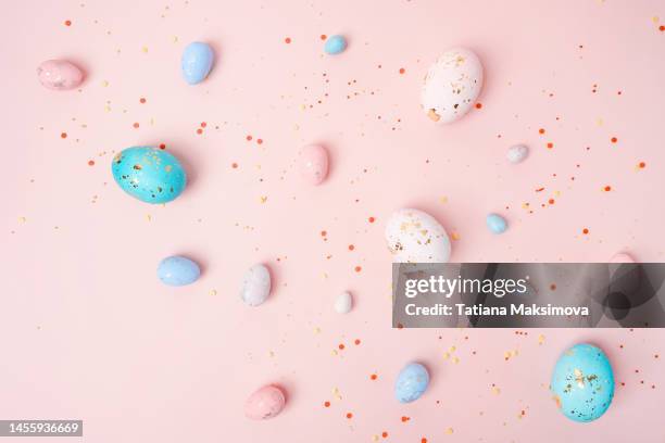 easter colorful eggs on pink background. festive banner. - easter background stock pictures, royalty-free photos & images