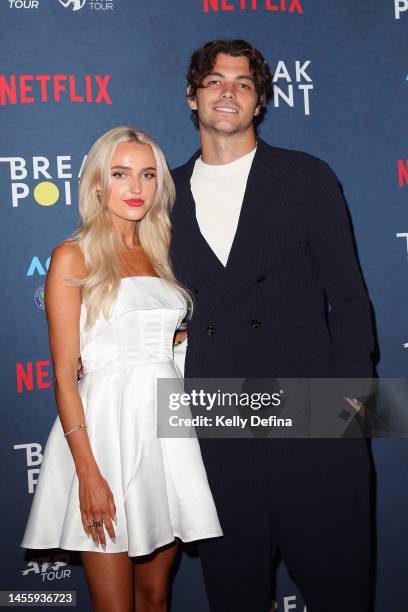 Taylor Fritz and partner arrives to the Netflix Break Point event ahead of the 2023 Australian Open at Melbourne Park on January 12, 2023 in...