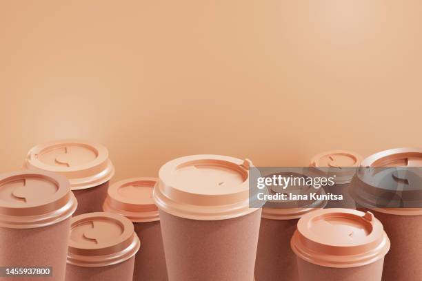 brown paper coffee cups and space for text on beige background. coffee to go. 3d pattern. - disposable cup bildbanksfoton och bilder