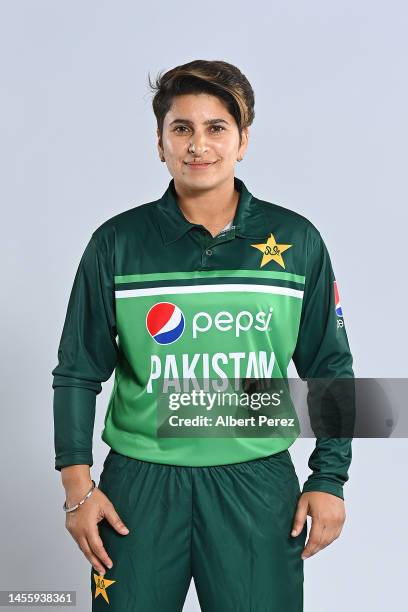 Nida Dar poses during a Pakistan Women's One Day International squad headshots session at Novotel Brisbane South Bank Hotel on January 12, 2023 in...