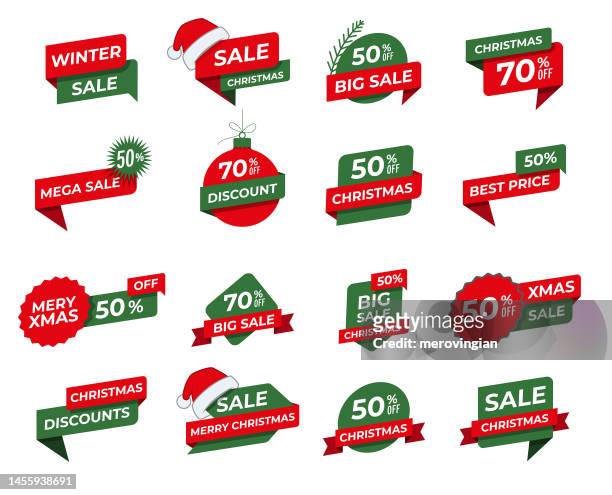 christmas themed new year promotional sale tags collection - santa hat stock illustrations