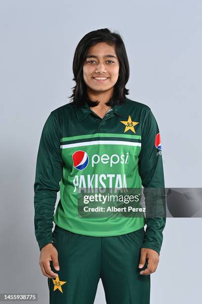 Fatima Sana poses during a Pakistan Women's One Day International squad headshots session at Novotel Brisbane South Bank Hotel on January 12, 2023 in...