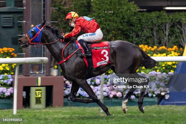 Jockey Silvestre De Sousa riding Encountered wins the Race 8 Cleveland Handicap at Happy Valley Racecourse on January 11, 2023 in Hong Kong.