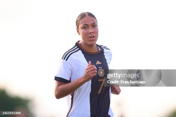 Melina Kruger of Germany looks on during an International Friendly match between Spain U17 and Germany U17 at Marbella Football Center on January 12,...