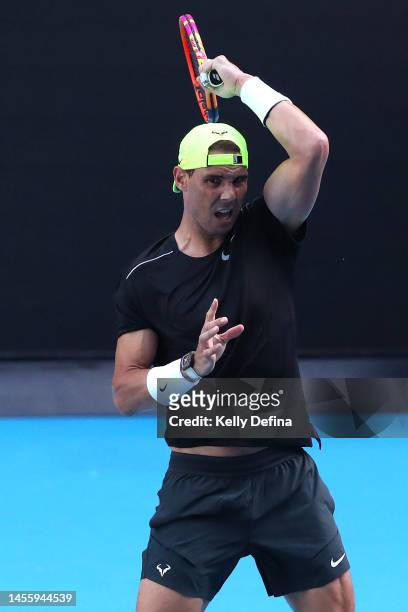 Rafael Nadal of Spain plays a forehand during an open practice session ahead of the 2023 Australian Open at Melbourne Park on January 12, 2023 in...