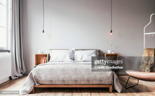 retro-styled bedroom with windows and decoration (armchair and coat hanger) - bed on white background stock pictures, royalty-free photos & images