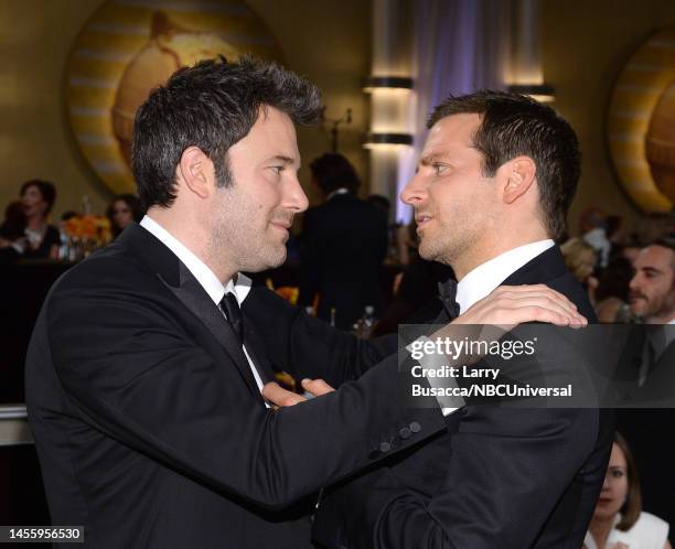 71st ANNUAL GOLDEN GLOBE AWARDS -- Pictured: Actors Ben Affleck and Bradley Cooper at the 71st Annual Golden Globe Awards held at the Beverly Hilton...
