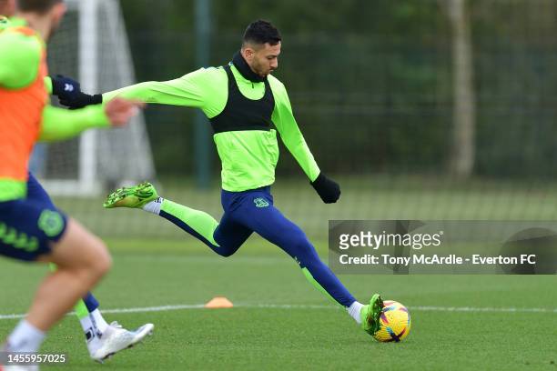 Dwight McNeil during the Everton training session at Finch Farm on January 11, 2023 in Halewood, England.