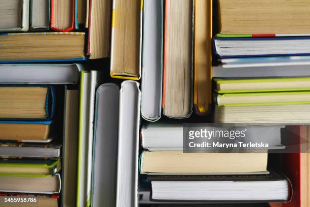 flat lay from many books. knowledge. education. student. schoolboy. - libro foto e immagini stock
