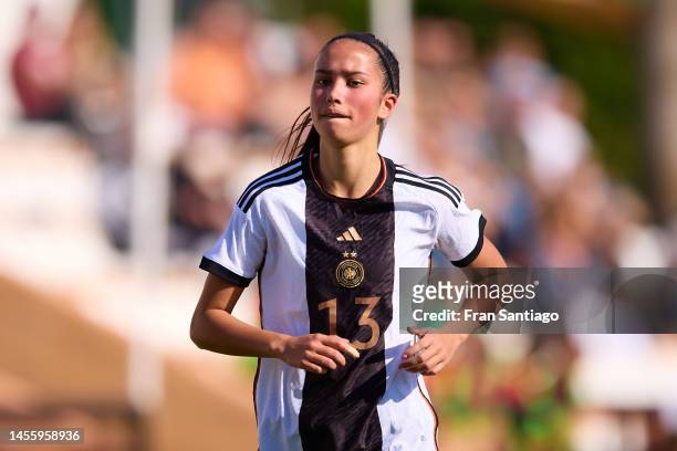 Amira Dahl of Germany looks on during an International Friendly match between Spain U17 and Germany U17 at Marbella Football Center on January 12,...