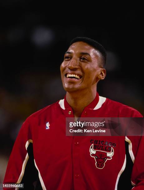Portrait of Scottie Pippen, Small Forward for the Chicago Bulls during the NBA Pacific Division basketball game against the Los Angeles Lakers on 7th...