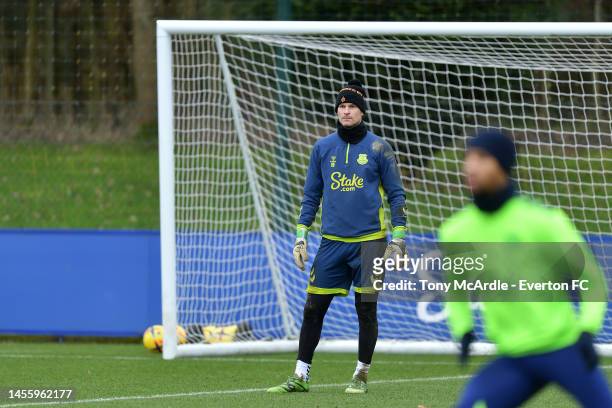 Asmir Begovic during the Everton training session at Finch Farm on January 11, 2023 in Halewood, England.