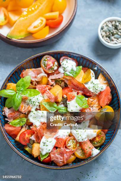 summer salad tomatoes and burrata cheese - cheese salad bildbanksfoton och bilder