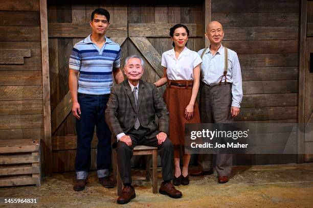 Telly Leung, George Takei, Aynrand Ferrer and Masashi Fujimoto attend the photocall for George Takei's "Allegiance" at Charing Cross Theatre on...