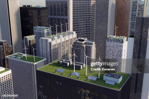 cityscape with sustainable buildings - sustainable design stockfoto's en -beelden