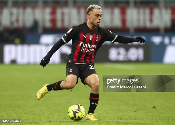 Sergino Dest of AC Milan in action during the Coppa Italia match between AC Milan and Torino FC at Stadio Giuseppe Meazza on January 11, 2023 in...