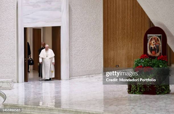 Pope Francis arrives in the Paul VI Hall for the general audience. On display on the stage is the icon of the Madonna del Popolo, revered by...