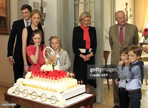 Belgium's Prince Amedeo, Princess Maria Laura, Princess Laetitia Maria, Princess Louise, Princess Astrid, King Albert II, Prince Nicolas and Prince...