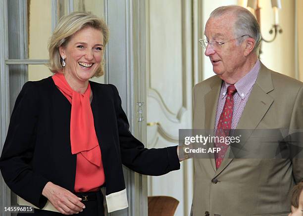 Belgium's Princess Astrid and her father King Albert II smile during the celebrations for the 50th anniversary of Princess Astrid, born on 05 June...