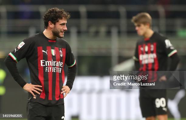 Davide Calabria of AC Milanshows his dejection at the end of the Coppa Italia match between AC Milan and Torino FC at Stadio Giuseppe Meazza on...
