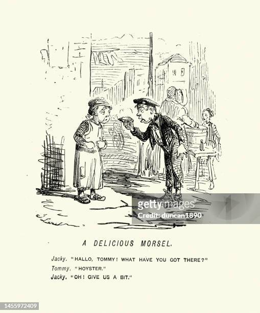 two working class children eating an oyster, a delicious morsel, victorian humour, mid 19th century, vintage illustration cartoon by john leech - oyster stock illustrations