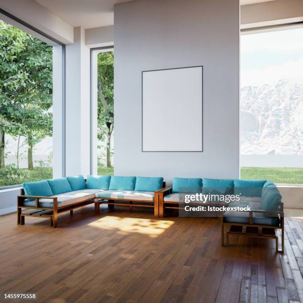 interior poster mock up with horizontal empty wooden frame,scandinavian style,3d rendering - timber flooring stock pictures, royalty-free photos & images